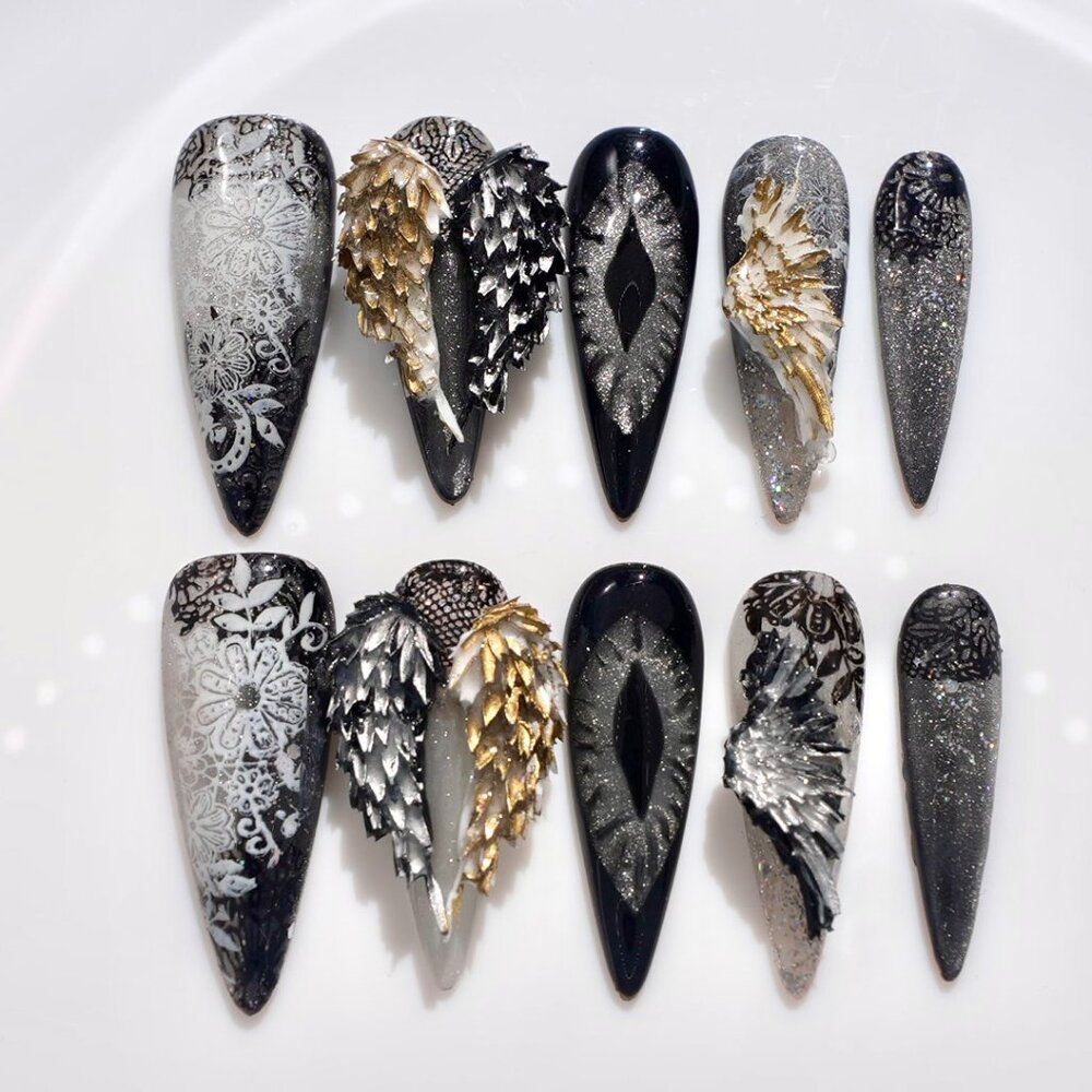 Black Wing Gothic Stiletto Press On Nails